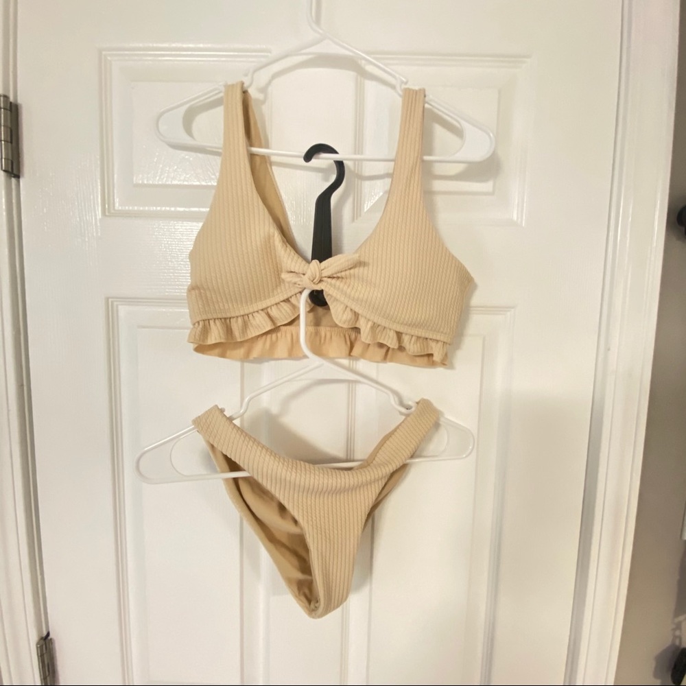 SHEIN rib knit tie front ruffle bikini swimsuit